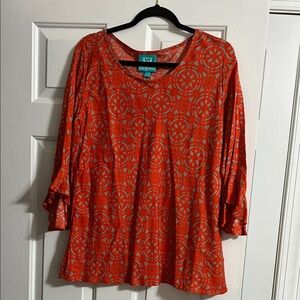 Women’s Escapada Orange 3/4 Sleeve Geometric Ruffle Top Size Large